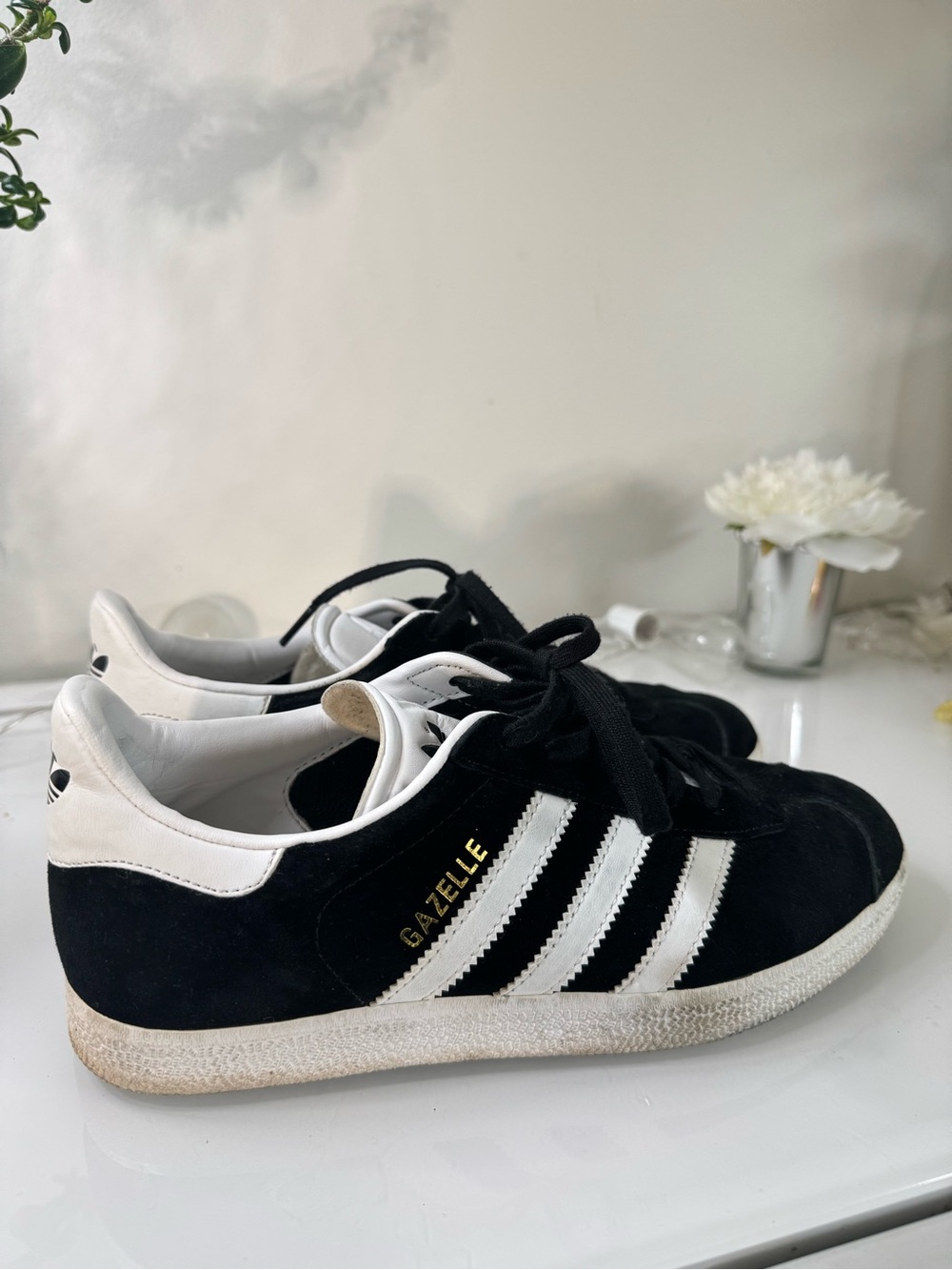 Fits ladies’ 8 - Adidas Black Suede Gazelle Sneakers with White Stripes